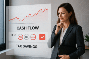 Businesswoman Analyzing Cash Flow and Tax Savings Data on a Virtual Screen